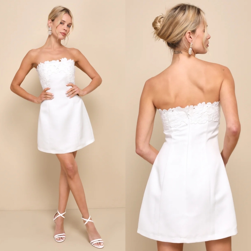 Lulus Unforgettable Icon White Satin Strapless Floral Mini Dress Wedding Party